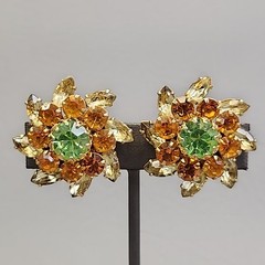 Vintage Judy Lee Rhinestone Earrings Orange Green Pinwheels 1.25″