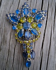 Vtg 1950s Rhinestone Brooch Blue & Lime Green Glass Austrian Tassel Unsigned