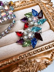 Vintage B David Rhinestone Crown Brooch Earring Set Multicolor