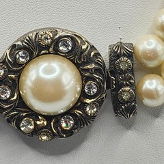 Vintage Double Strand Faux Pearl Choker Necklace Ornate Rhinestone Clasp Cream