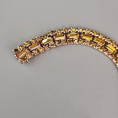 Vintage Rhinestone Bracelet Orange Glass Tennis Safety Chain Gold Tone 6.5″