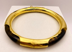 Vintage Asian Style Tiger’s Eye Gold Tone Hinged Bangle Bracelet