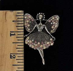 Vintage Fairy Angel Rhinestone Brooch Pin Pink Yellow Crystal Silver Tone