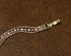 Vintage Pink & Clear Rhinestone Tennis Bracelet Gold Tone 3 Strand 7″ L