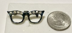 Vintage Mid Century Blue Iridescent Rhinestone Accented Cats Eye Glasses Brooch