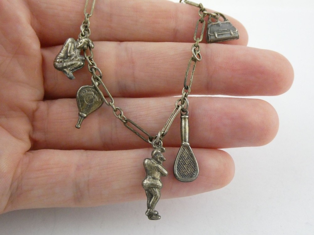 Vintage Unmarked Sterling Silver Paperclip Chain Bracelet with 5 Charms 6.75 In