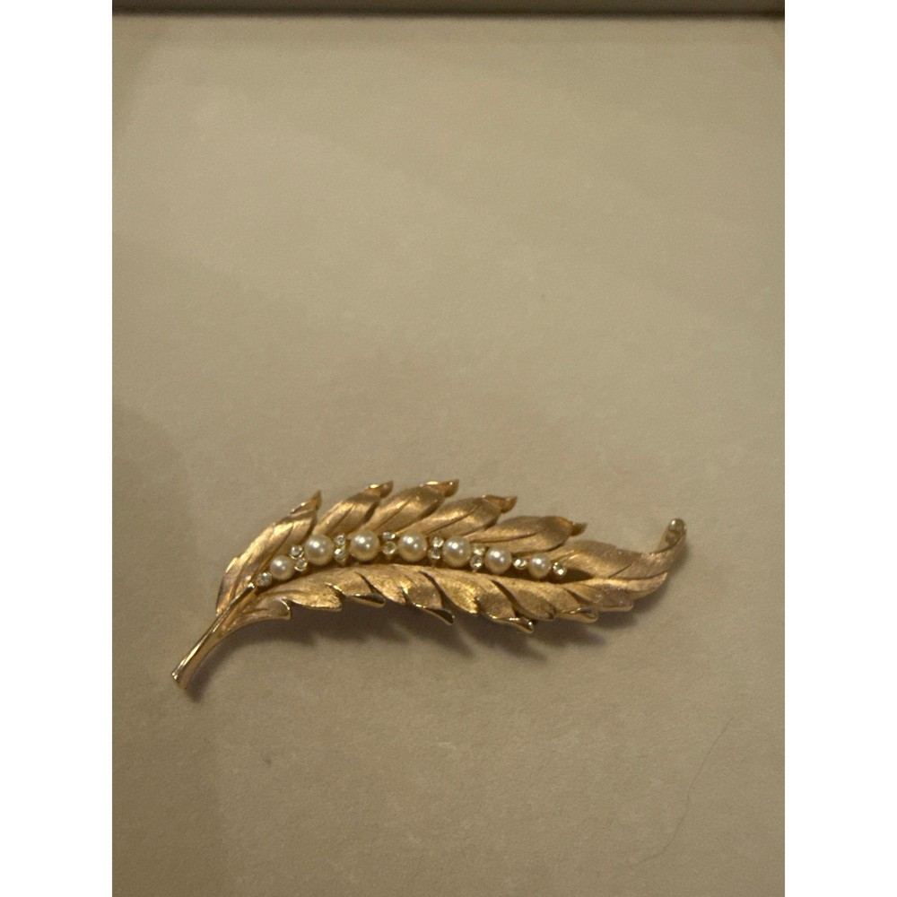 Vintage Trifari Crown Faux-Pearl Feather Brooch