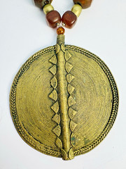 Vintage Brass Pendant Necklace Large Tribal Style Medallion Wood Metal Beads 30″