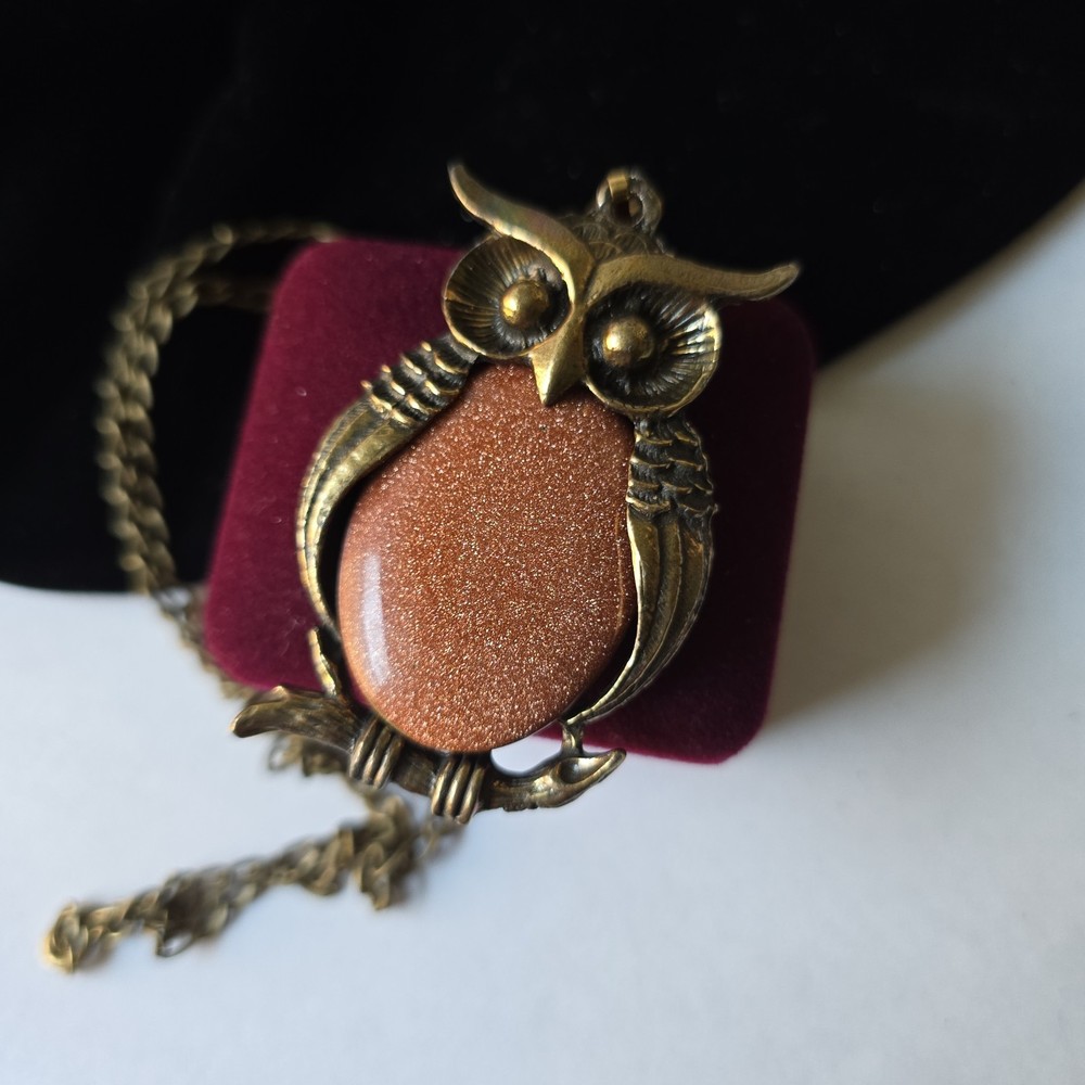 Vintage Bronze Tone Goldstone Belly Owl Pendant Chain Necklace 24″L