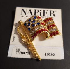 American Flag Pin by Napier 1.5″ Rhinestone Brooch Red White Blue Made in USA