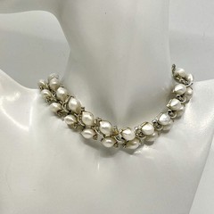 Vintage Lisner Faux Pearl Necklace Signed Rhinestone Floral Silver Tone MCM