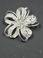 Vintage Monet Silverton Rhinestone Flower Bow Ribbon Brooch, 2.25″ Diameter