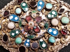 Antique 1890’s Austro Hungarian Almandine Garnet, Enamel, Turquoise Pearl Brooch