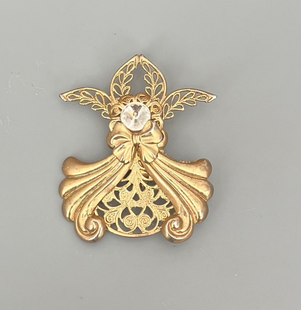 Vintage Signed JANE Angel Brooch Gold Tone-Clear Rhinestone 2” Open Cut Detail
