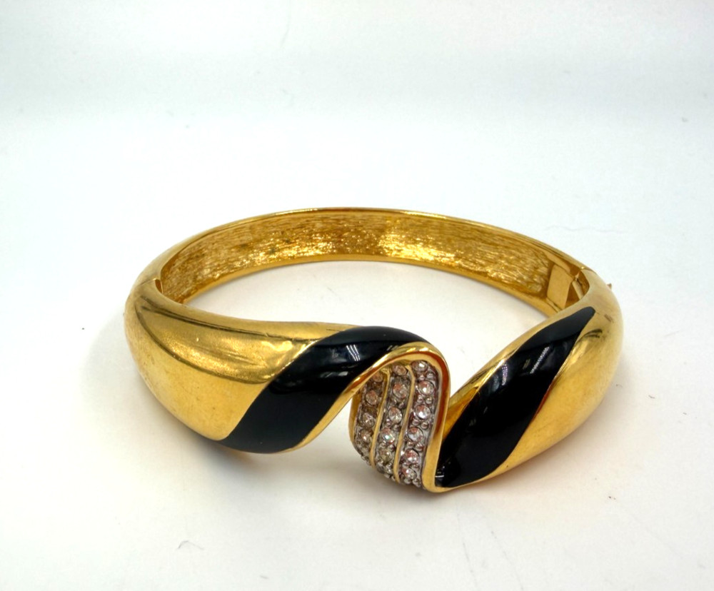 Vintage Bracelet Bangle Black Enamel Clamper Hinged Chunky 6.5 in