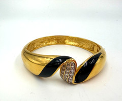 Vintage Bracelet Bangle Black Enamel Clamper Hinged Chunky 6.5 in
