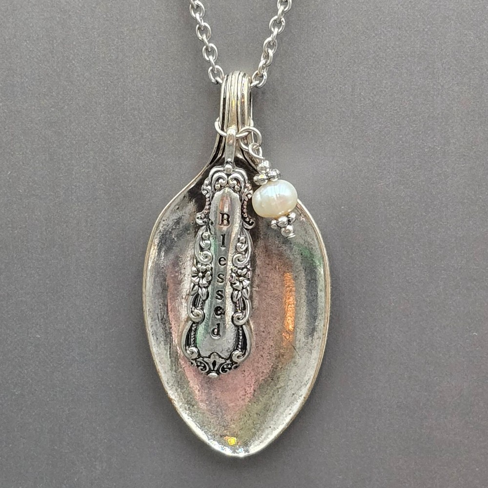 Vintage Blessed Spoon Pendant Necklace Silver Pearl Long Boho Statement Piece
