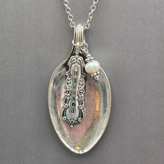 Vintage Blessed Spoon Pendant Necklace Silver Pearl Long Boho Statement Piece