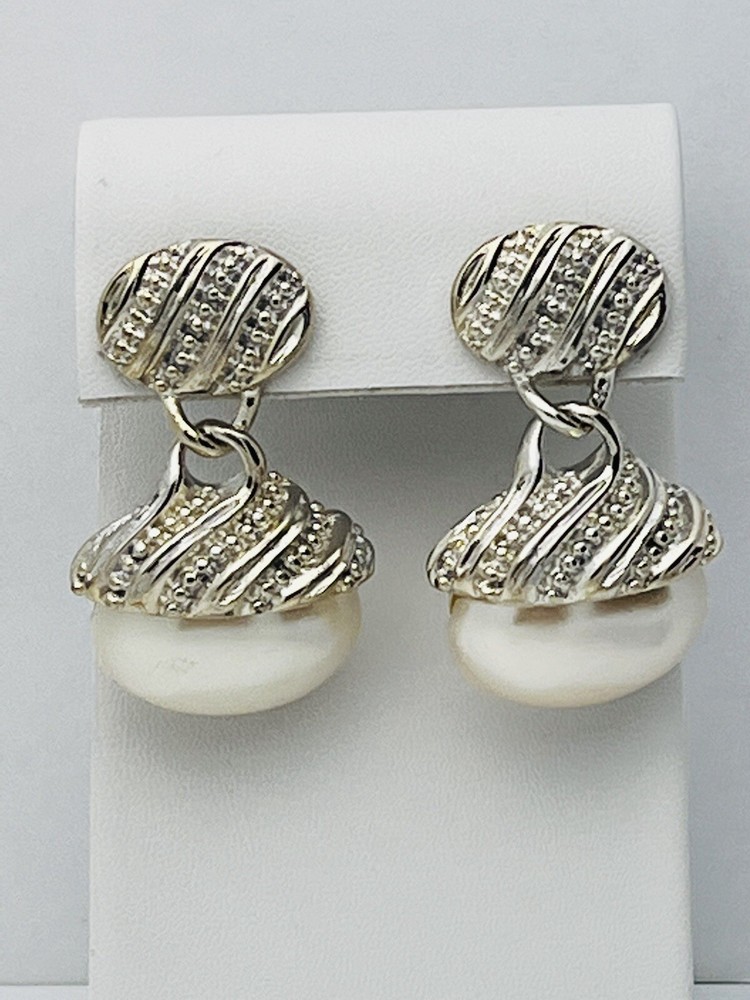 Vintage 1980-1990s Silver-Tone Pierced Oval Dangle Earrings White Faux Pearls