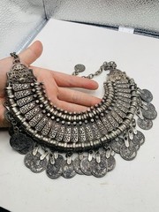 Vintage Silver Tone Boho Ethnic Tribal Coin Coachella Fringe Statement Necklace