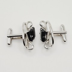 Western Style Deep Black Onyx Open Metal Silver Tone Fancy Formal Cufflinks