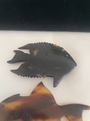 Vintage Celluloid Tortoise Brown Shell Hand Carved Fish Brooch Pins Freshwater