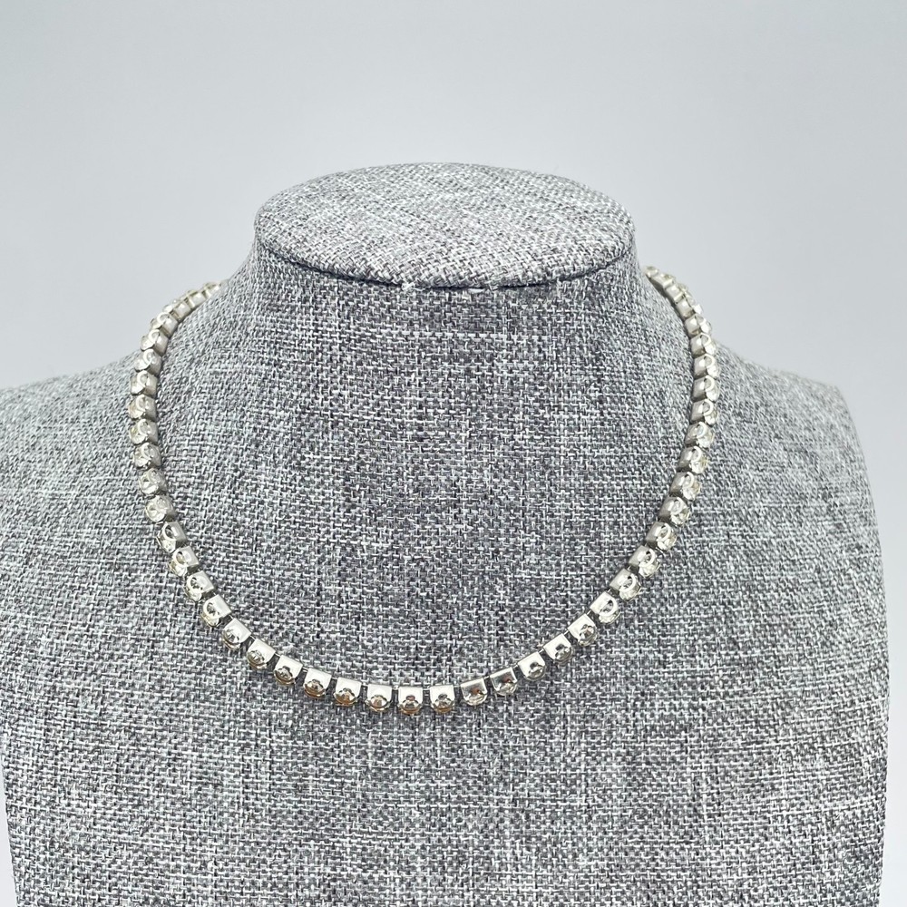 Vintage Silver-Tone Prong Crystal Rhinestone Tennis-Style Choker Necklace