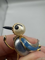 Vintage Jewelry Tiny Animated Bird Hand Painted Spain BROOCH PIN Blue