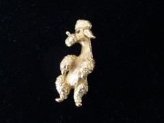 Vintage Signed LG Lind-Gal Dancing Poodle Dog Red Crystal Eyes Gold Tone Pin