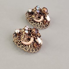 Vintage Rhinestone Bracelet Clip Earrings Set AB Western Germany Filigree Enamel