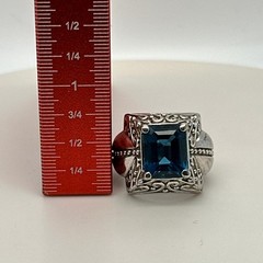 London Blue Topaz Sterling Silver Statement Ring-Emerald Cut Gemstone- Size 6.25