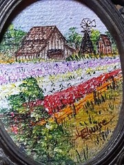 Vintage Brooch Mini Painting Lompoc Flower Field Farm Wine CA. Signd Frame Italy