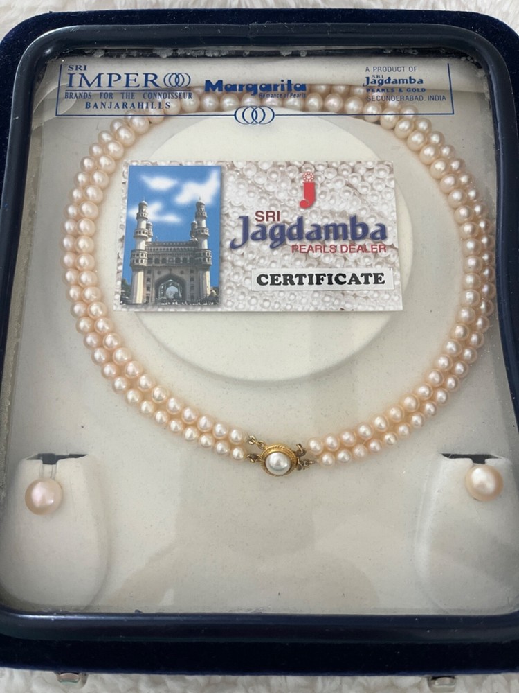 Sri Jagdamba Pink Pearl Necklace and earrings -16/ 17 Inches – New in Box