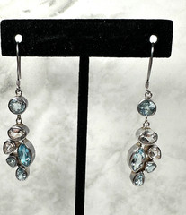 Sterling Silver Aquamarine & White Topaz Cluster Dangle Earrings – 2 1/4″