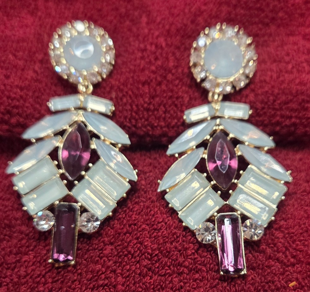 Vintage Rhinestone Drop Dangle Post Earrings Pierced Amethyst, White, & Clear