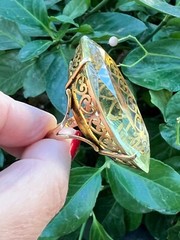VINTAGE HUGE MASSIVE STATEMENT 10K GOLD MARQUISE LEMON GREEN QUARTZ CITRINE RING