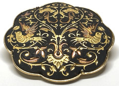 Vintage Spanish Damascene Gold Black Double Bird Two birds Brooch Trombone Clasp