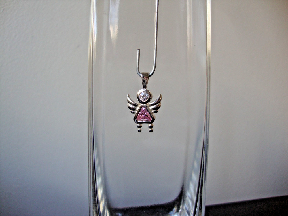 VTG 1970s STERLING SILVER STAMPED 925 ANGEL PINK CZ BIRTHSTONE SLIDE PENDANT