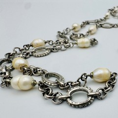 Vintage Baroque Pearl Opera Length Necklace Silver Tone Station Chain 45 in 50g