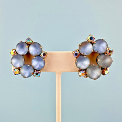 Vintage Clip On Earrings Baby Blue AB Rhinestone Frosted Glass Cabochon Stones