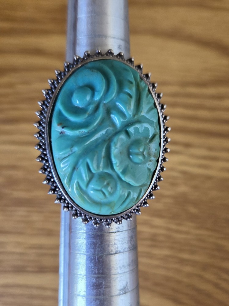 Vintage Amy Kahn Russell AKR 925 Sterling Carved Turquoise Size 6.5 Ring Band