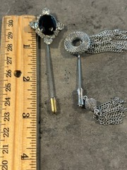 Vintage Emmons Mesh Tassel Hat Stick Pin Silver Tone and Vintage Black stone pin