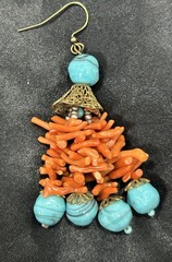 Vintage Coral And Art Glass Earrings Orange Turquoise Summer Beach Hot Dangle