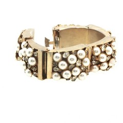 Vintage Gold‑Tone Pearl & Rhinestone Bracelet – Hinged Link Design, Cluster Pear