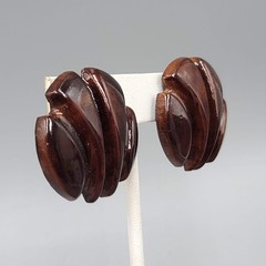 Vintage Wood Statement Clip on Earrings Hand Carved Large 1.25 in