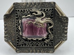 Victorian / Art Nouveau Dragon Sash Buckle, Huge Amethyst Glass Stone