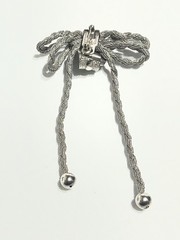 Vintage Silver Tone Woven Mesh Ribbon Bow Brooch Pin Dangle Tassel Retro 1970s