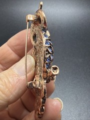 RHINESTONE OWL BROOCH! Bird Motif Pin. Deep Sapphire Blue Faceted Crystals.
