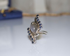 Vintage Moonstone & Sapphire Large Statement Ring in Palladium Bypass Design Cey