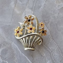 AAi Flower Basket Brooch Enamel Rhinestone Silver Tone Spring Signed 1.75 Inches